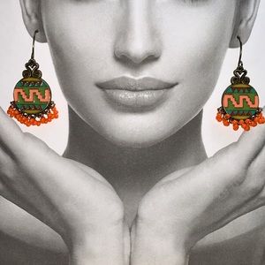 Drop Dangling Chandelier Orange Czech Seed Beads Statement Tibetan Boho Bohemian